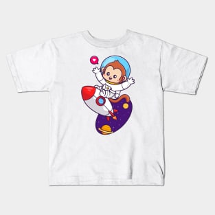 Cute Monkey Astronaut Flying With Rocket In Space Cartoon Kids T-Shirt